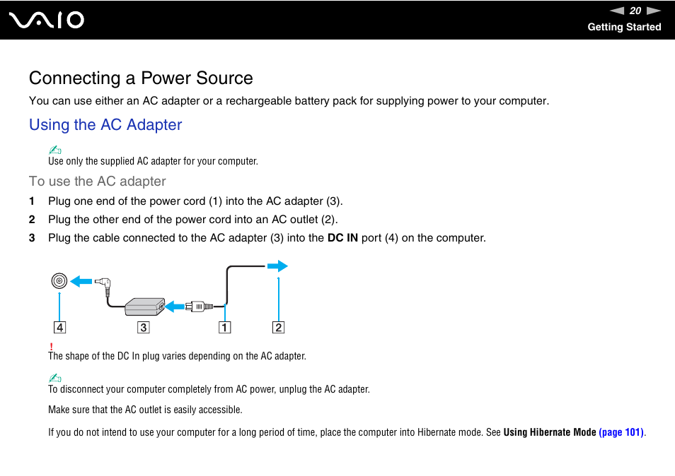 Connecting a power source, Using the ac adapter | Sony VAIO VGN-FW300 User Manual | Page 20 / 179