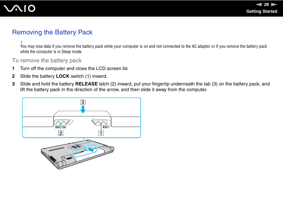 Removing the battery pack | Sony VAIO VGN-FW300 User Manual | Page 28 / 179