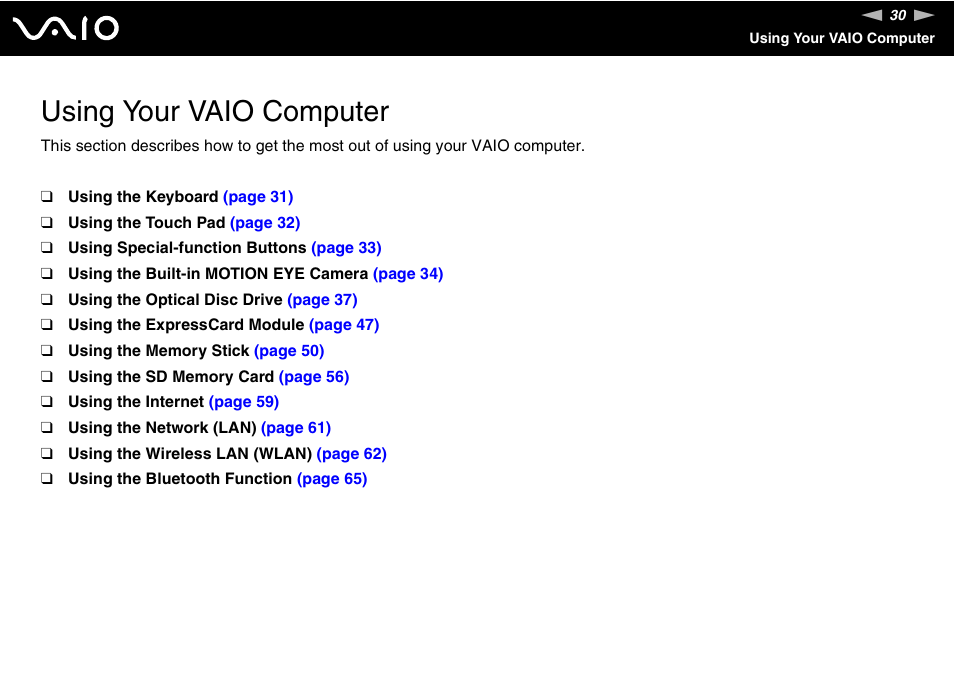 Using your vaio computer | Sony VAIO VGN-FW300 User Manual | Page 30 / 179