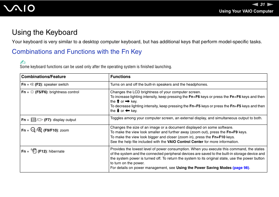 Using the keyboard, Combinations and functions with the fn key | Sony VAIO VGN-FW300 User Manual | Page 31 / 179