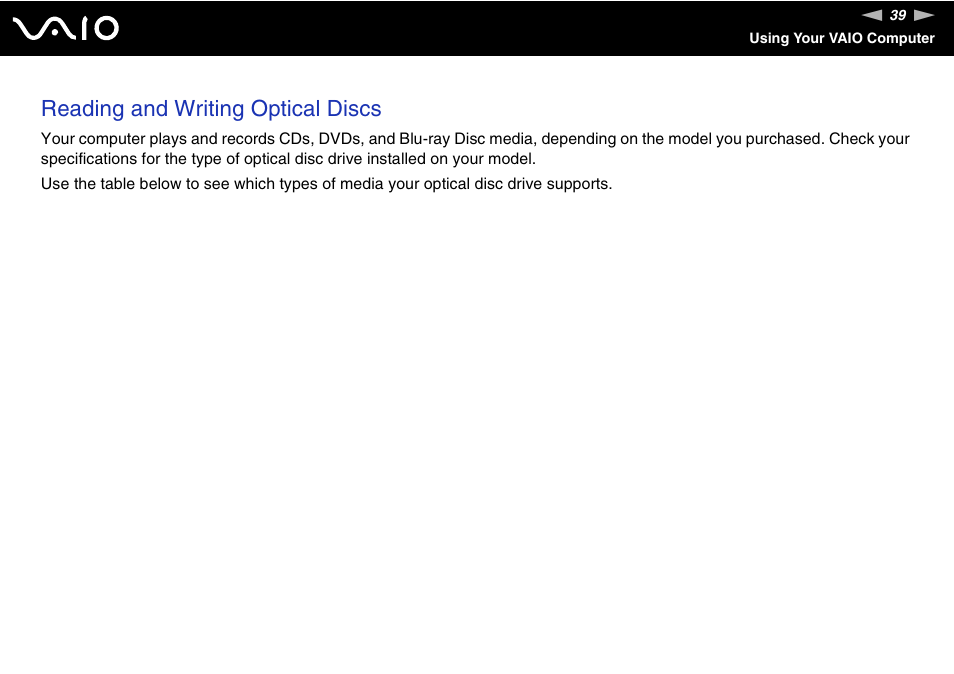 Reading and writing optical discs | Sony VAIO VGN-FW300 User Manual | Page 39 / 179