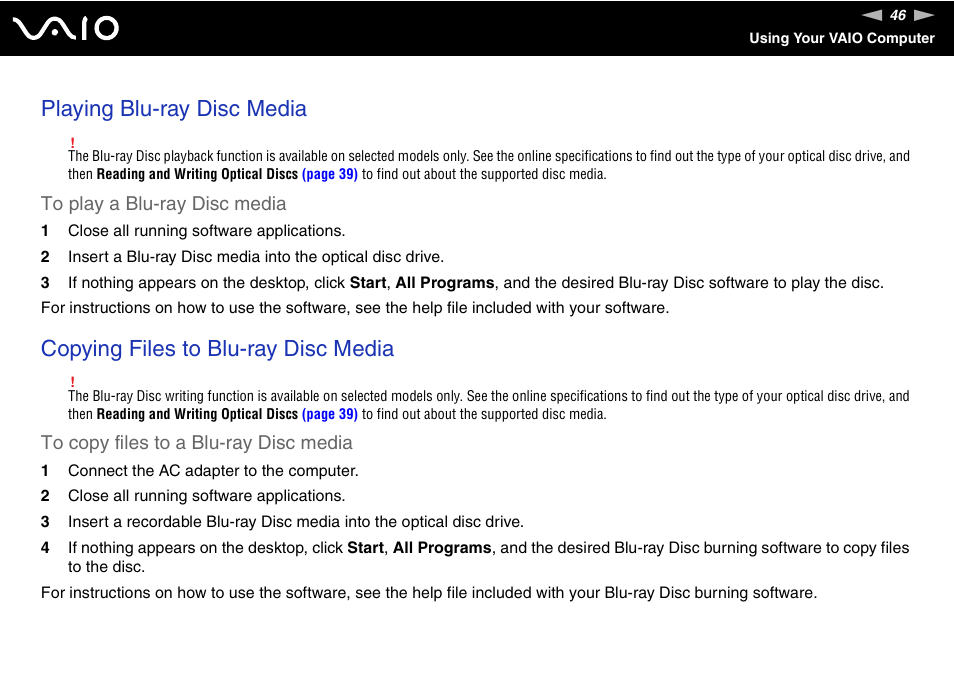 Playing blu-ray disc media, Copying files to blu-ray disc media | Sony VAIO VGN-FW300 User Manual | Page 46 / 179