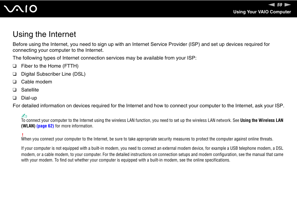 Using the internet | Sony VAIO VGN-FW300 User Manual | Page 59 / 179