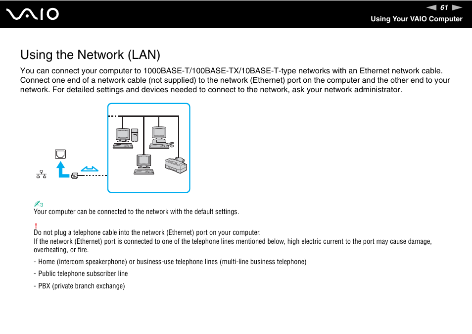 Using the network (lan) | Sony VAIO VGN-FW300 User Manual | Page 61 / 179