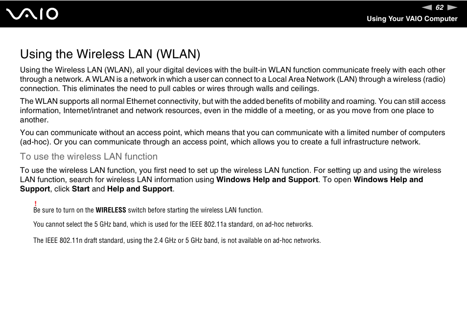 Using the wireless lan (wlan) | Sony VAIO VGN-FW300 User Manual | Page 62 / 179