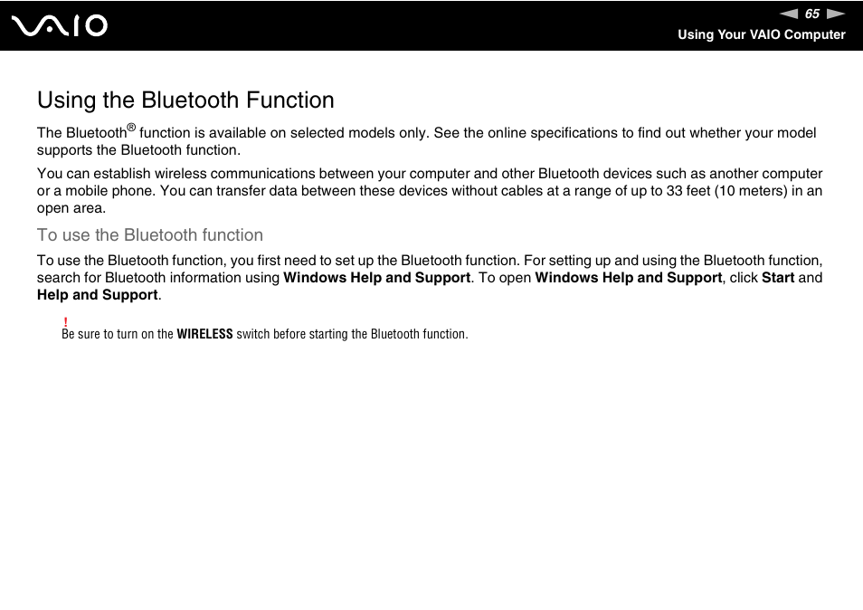 Using the bluetooth function, Tion | Sony VAIO VGN-FW300 User Manual | Page 65 / 179