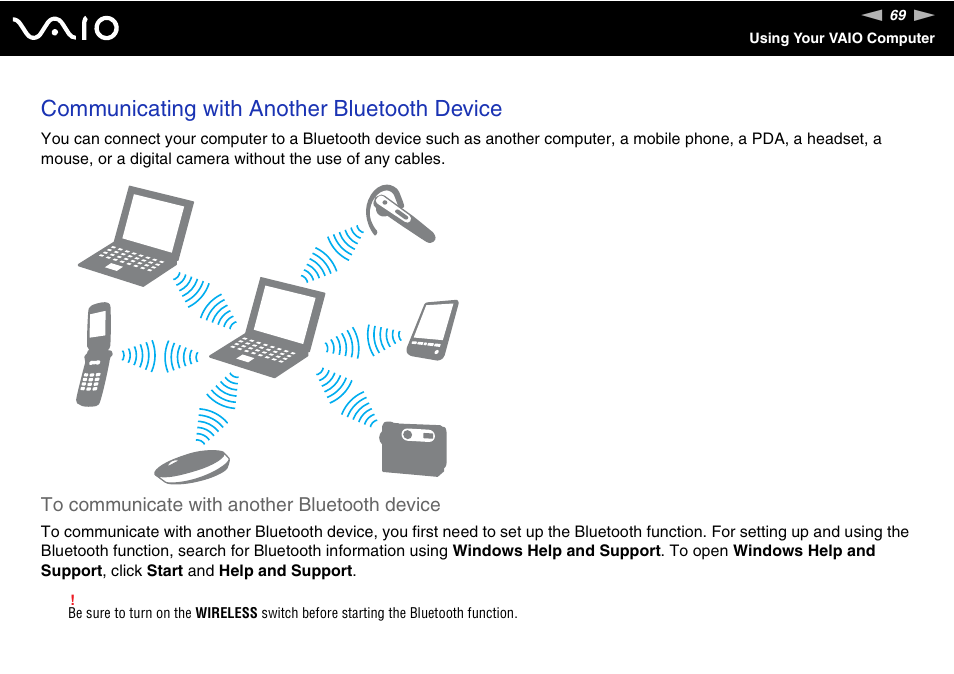 Communicating with another bluetooth device | Sony VAIO VGN-FW300 User Manual | Page 69 / 179