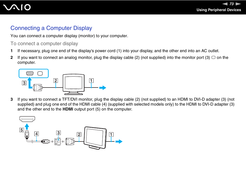 Connecting a computer display | Sony VAIO VGN-FW300 User Manual | Page 73 / 179