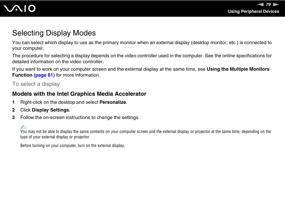 Selecting display modes | Sony VAIO VGN-FW300 User Manual | Page 79 / 179