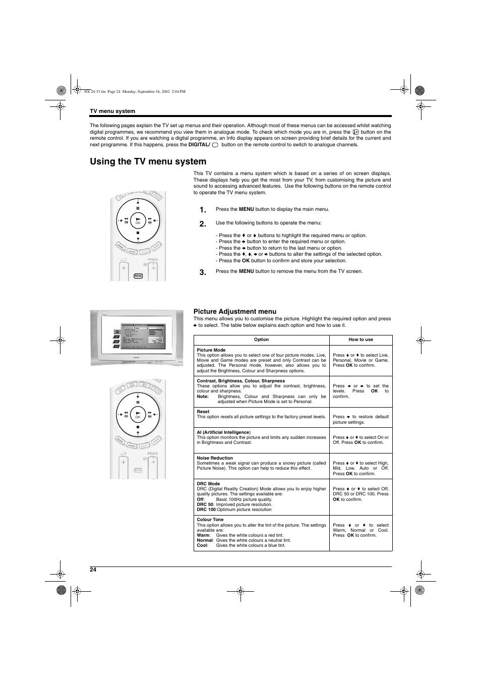 Using the tv menu system, Picture adjustment menu | Sony KD-32NX200U User Manual | Page 26 / 48