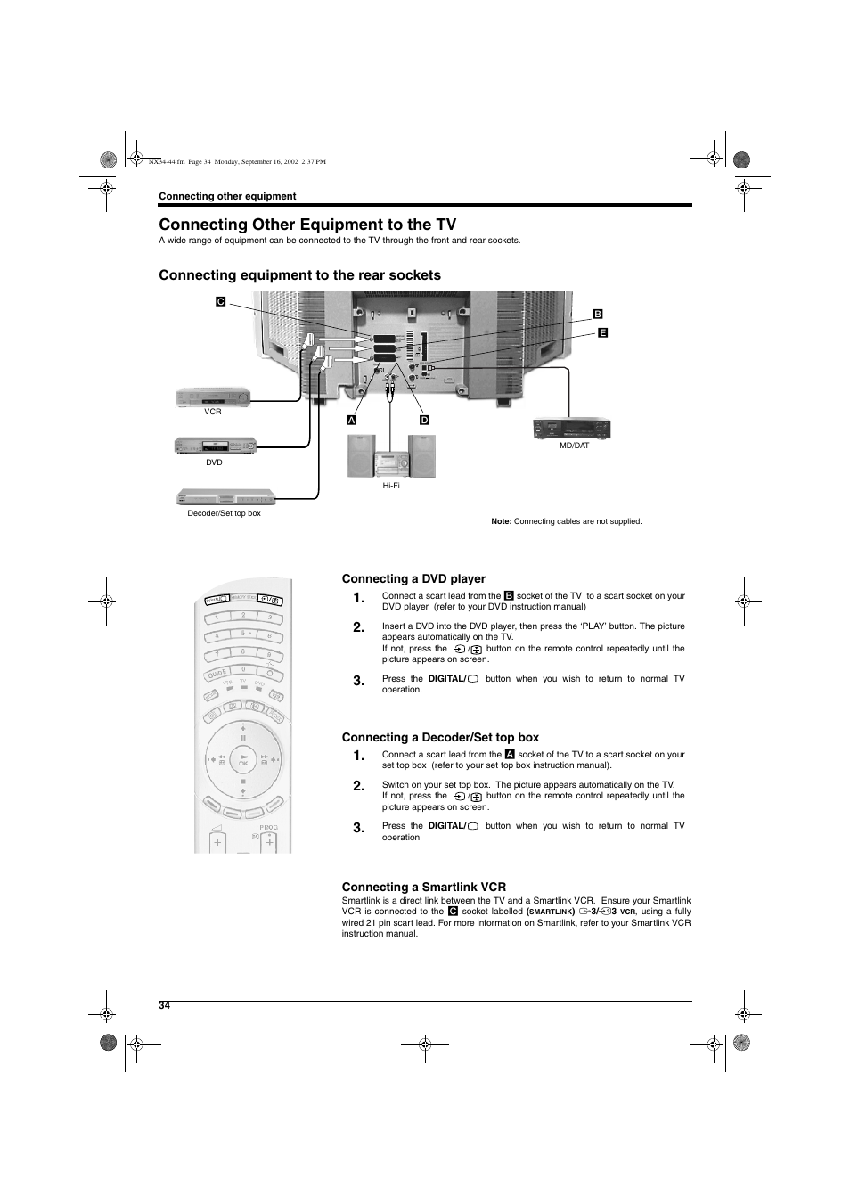 Connecting other equipment to the tv, Connecting equipment to the rear sockets, R/d/d/d l/g/s/i analogue | Smartlink) digital | Sony KD-32NX200U User Manual | Page 36 / 48