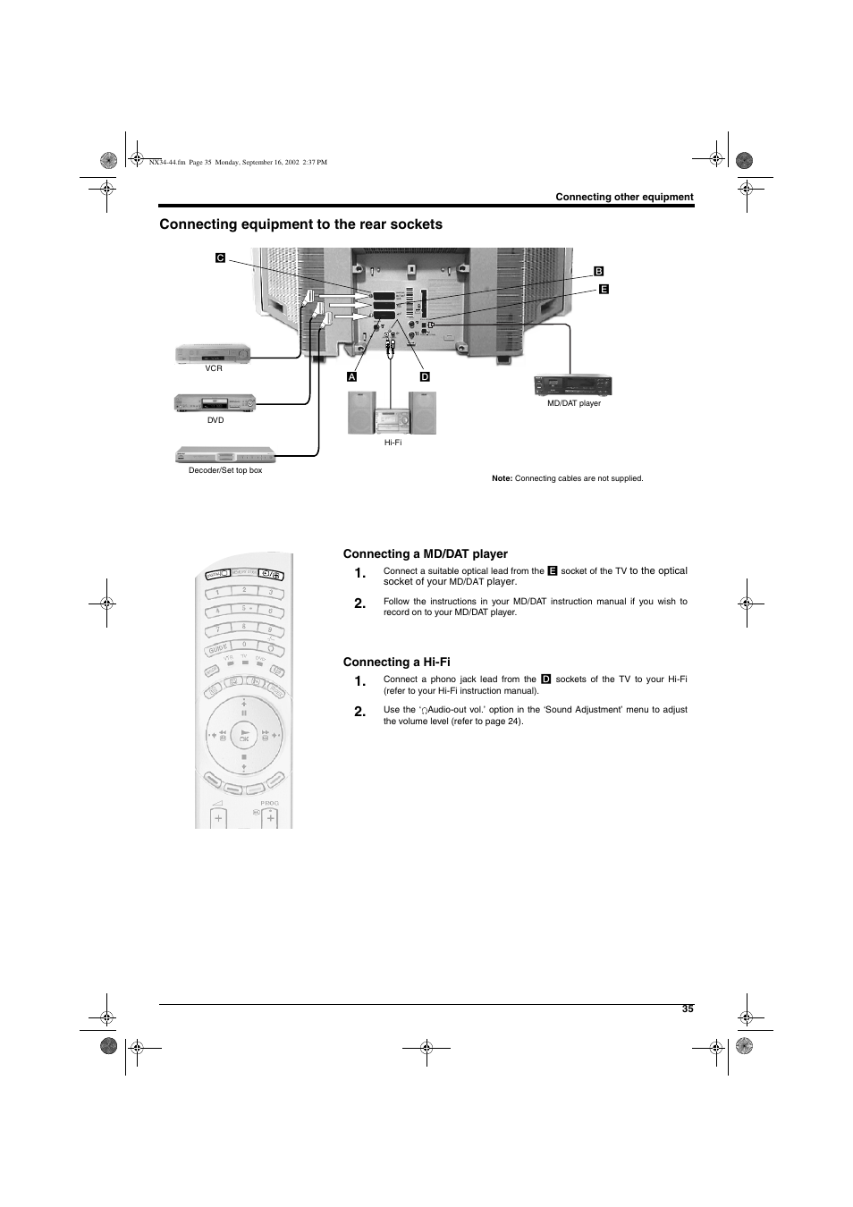 Connecting equipment to the rear sockets, R/d/d/d l/g/s/i analogue, Smartlink) digital | Connecting a md/dat player connecting a hi-fi | Sony KD-32NX200U User Manual | Page 37 / 48