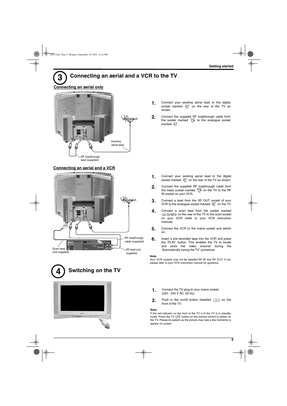 Connecting an aerial and a vcr to the tv, Switching on the tv | Sony KD-32NX200U User Manual | Page 7 / 48