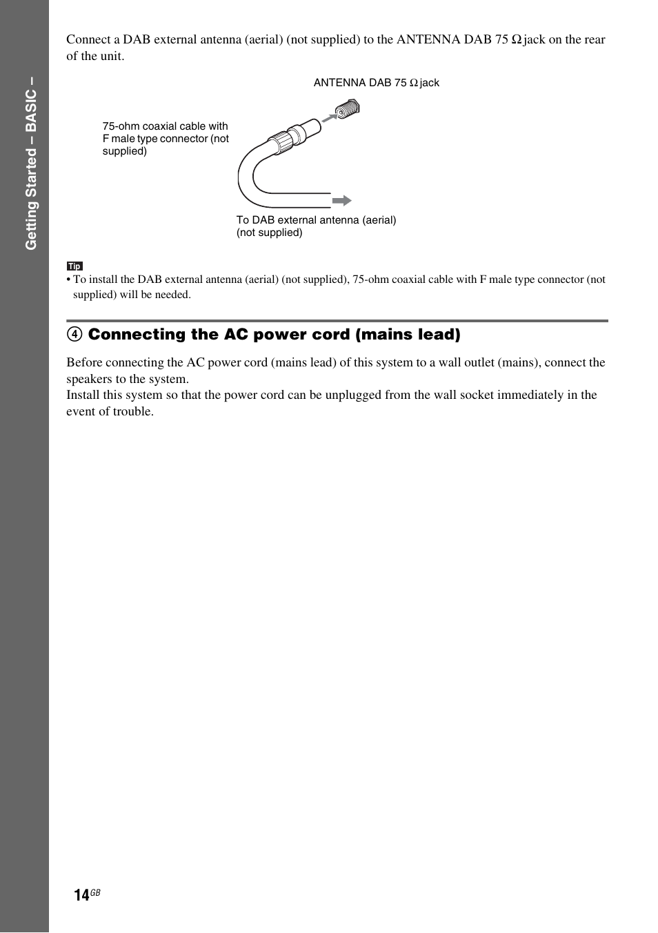 4 connecting the ac power cord (mains lead), 4connecting the ac power cord (mains lead) | Sony DAV-DZ210D User Manual | Page 14 / 96