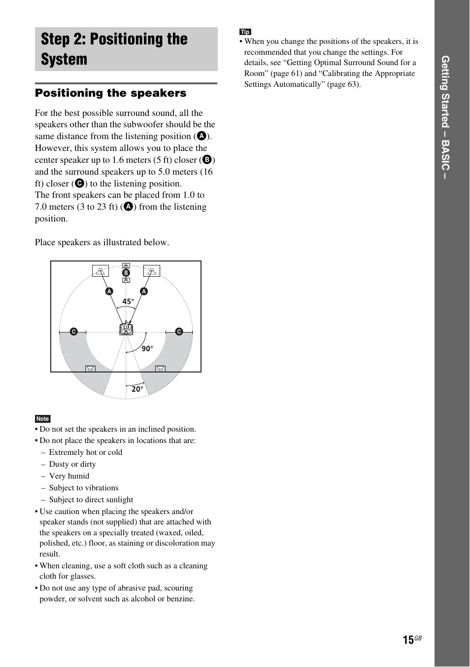 Step 2: positioning the system, Positioning the speakers | Sony DAV-DZ210D User Manual | Page 15 / 96