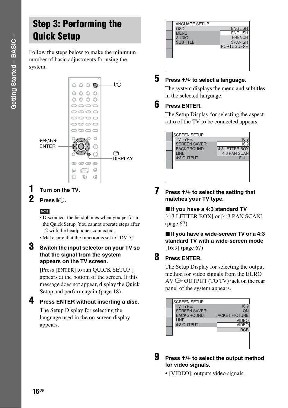 Step 3: performing the quick setup, Step 3: performing the quick, Setup | Sony DAV-DZ210D User Manual | Page 16 / 96