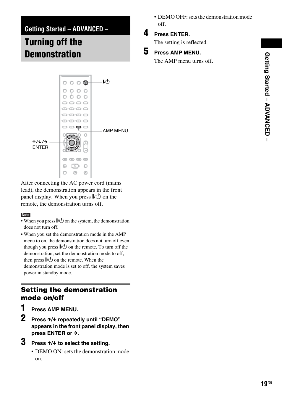 Getting started - advanced, Turning off the demonstration, Setting the demonstration mode on/off | Getting started – advanced | Sony DAV-DZ210D User Manual | Page 19 / 96