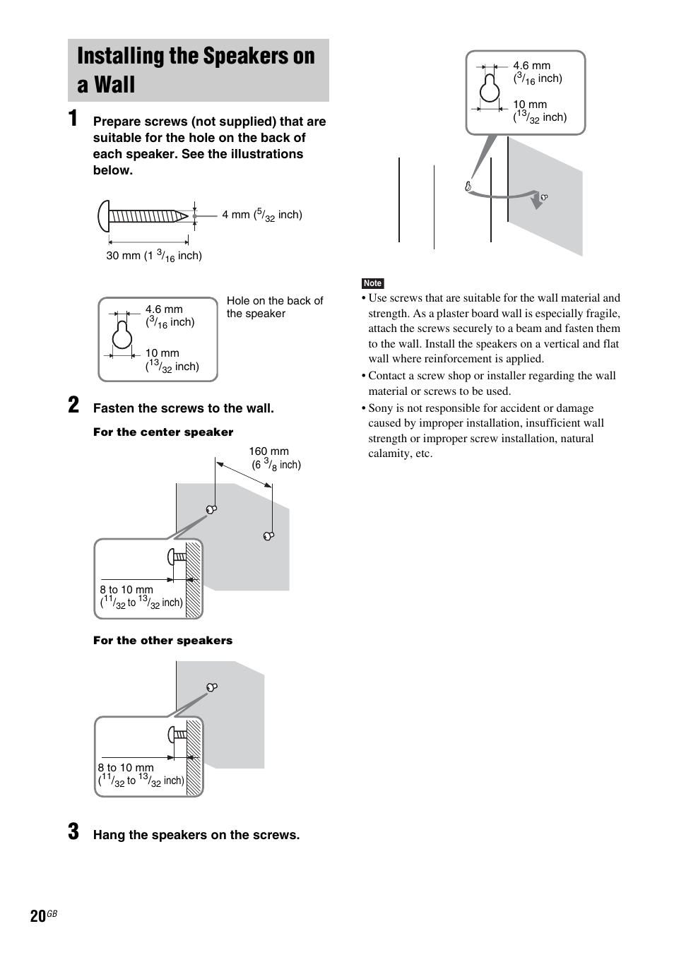 Installing the speakers on a wall | Sony DAV-DZ210D User Manual | Page 20 / 96