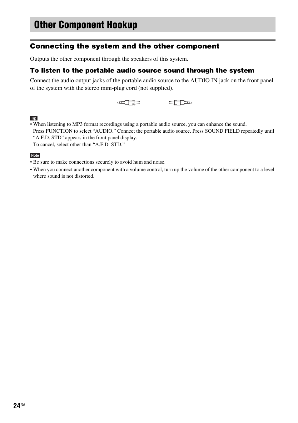 Other component hookup, Connecting the system and the other component | Sony DAV-DZ210D User Manual | Page 24 / 96