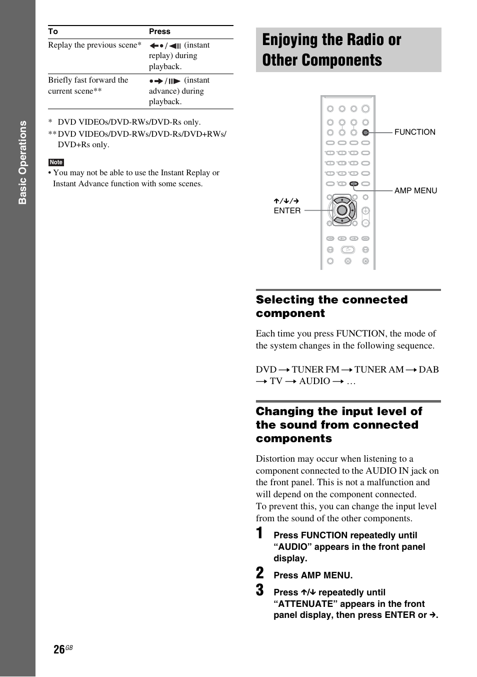 Enjoying the radio or other components, Selecting the connected component, Enjoying the radio or other | Components | Sony DAV-DZ210D User Manual | Page 26 / 96