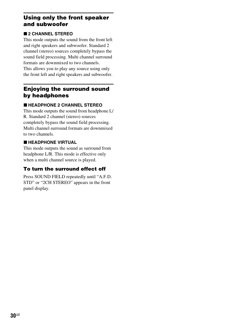 Using only the front speaker and subwoofer, Enjoying the surround sound by headphones | Sony DAV-DZ210D User Manual | Page 30 / 96