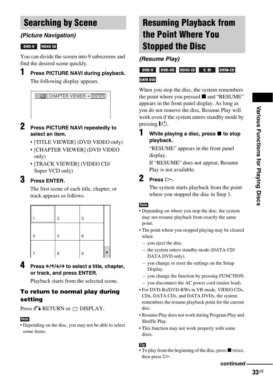 Searching by scene, Picture navigation), Resuming playback from the point where | You stopped the disc (resume play) | Sony DAV-DZ210D User Manual | Page 33 / 96