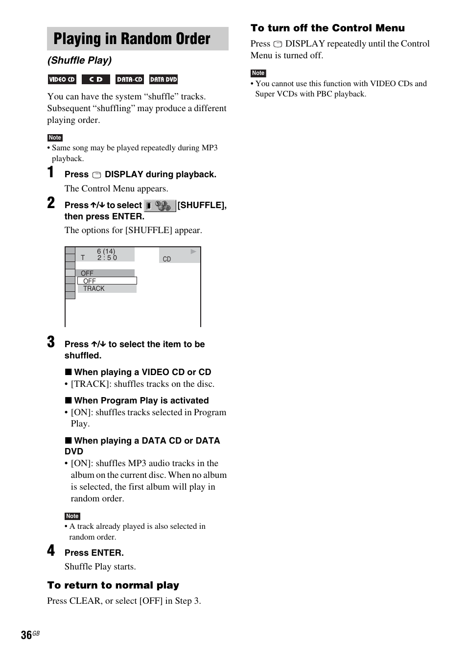 Playing in random order, Shuffle play) | Sony DAV-DZ210D User Manual | Page 36 / 96