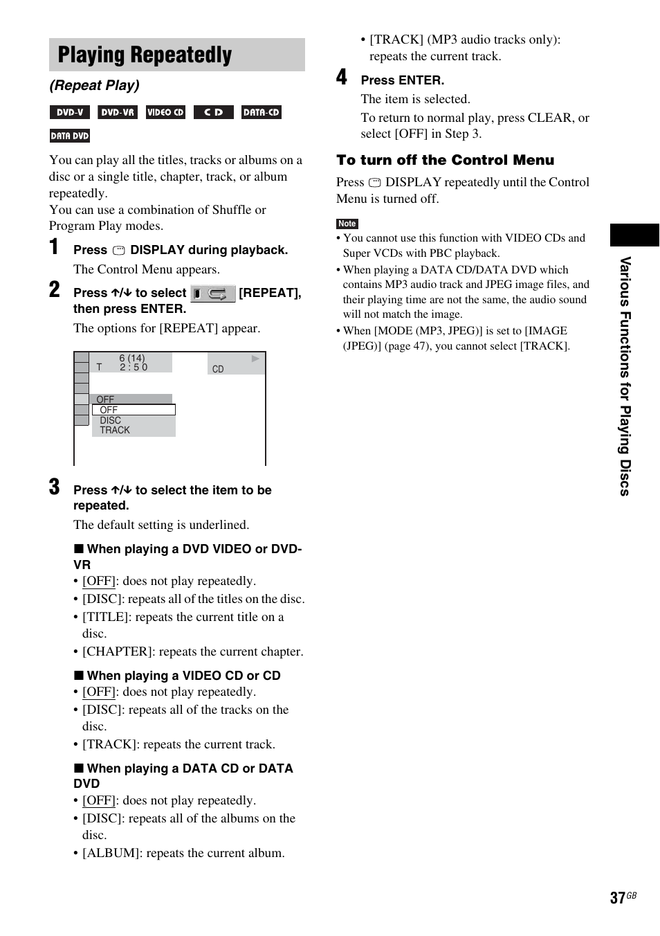 Playing repeatedly, Repeat play) | Sony DAV-DZ210D User Manual | Page 37 / 96