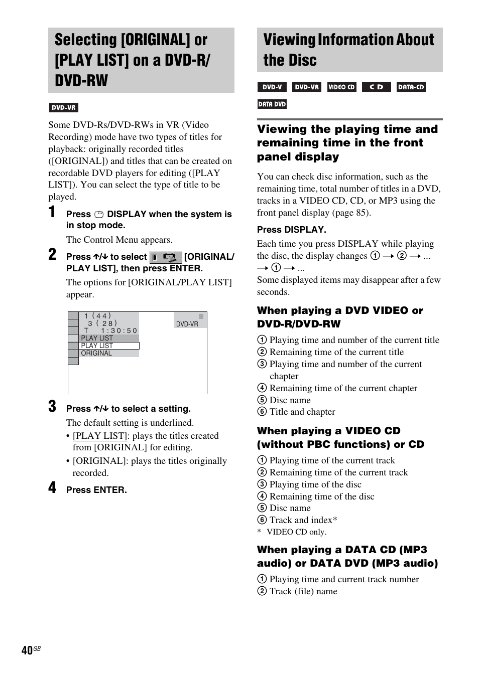 Viewing information about the disc, Selecting [original] or [play list, On a dvd-r/dvd-rw | Viewing information about, The disc | Sony DAV-DZ210D User Manual | Page 40 / 96