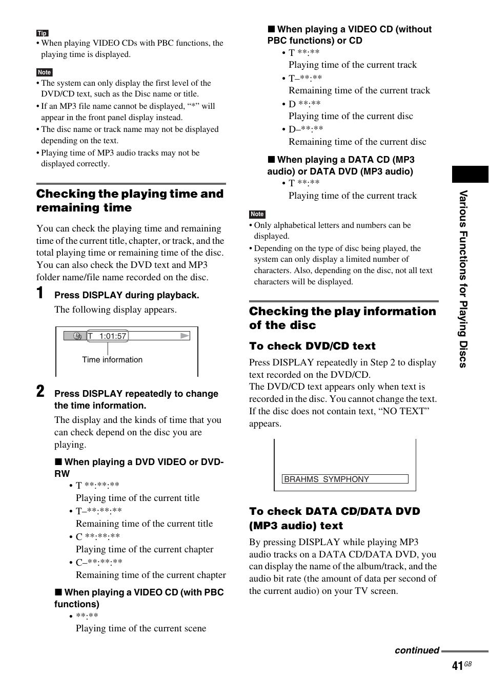 Checking the playing time and remaining time, Checking the play information of the disc | Sony DAV-DZ210D User Manual | Page 41 / 96