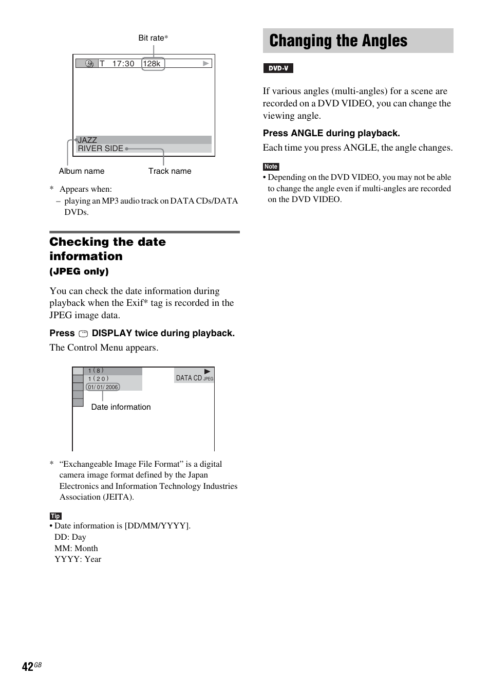 Checking the date information, Changing the angles | Sony DAV-DZ210D User Manual | Page 42 / 96