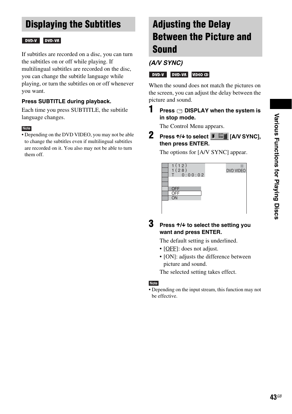 Displaying the subtitles, Adjusting the delay between the picture and sound, And sound (a/v sync) | Sony DAV-DZ210D User Manual | Page 43 / 96