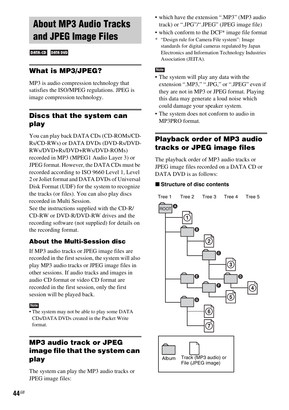 About mp3 audio tracks and jpeg image files, What is mp3/jpeg, Discs that the system can play | About mp3 audio tracks and jpeg, Image files | Sony DAV-DZ210D User Manual | Page 44 / 96