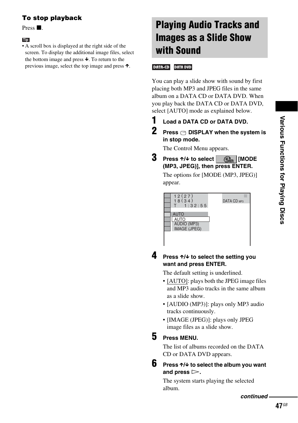 Playing audio tracks and images as a, Slide show with sound | Sony DAV-DZ210D User Manual | Page 47 / 96