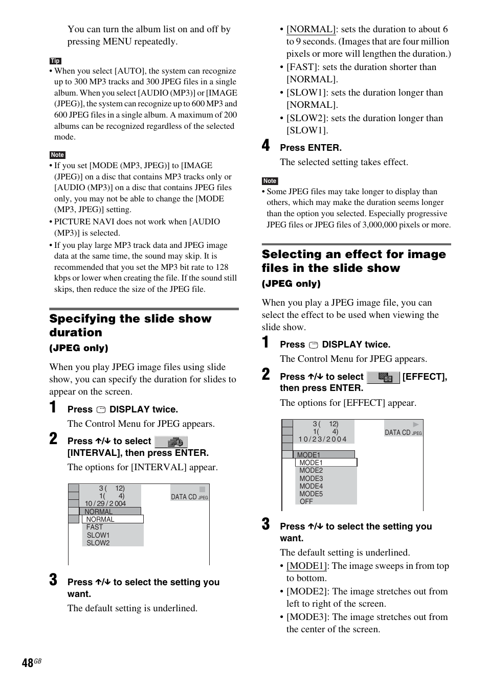 Specifying the slide show duration | Sony DAV-DZ210D User Manual | Page 48 / 96