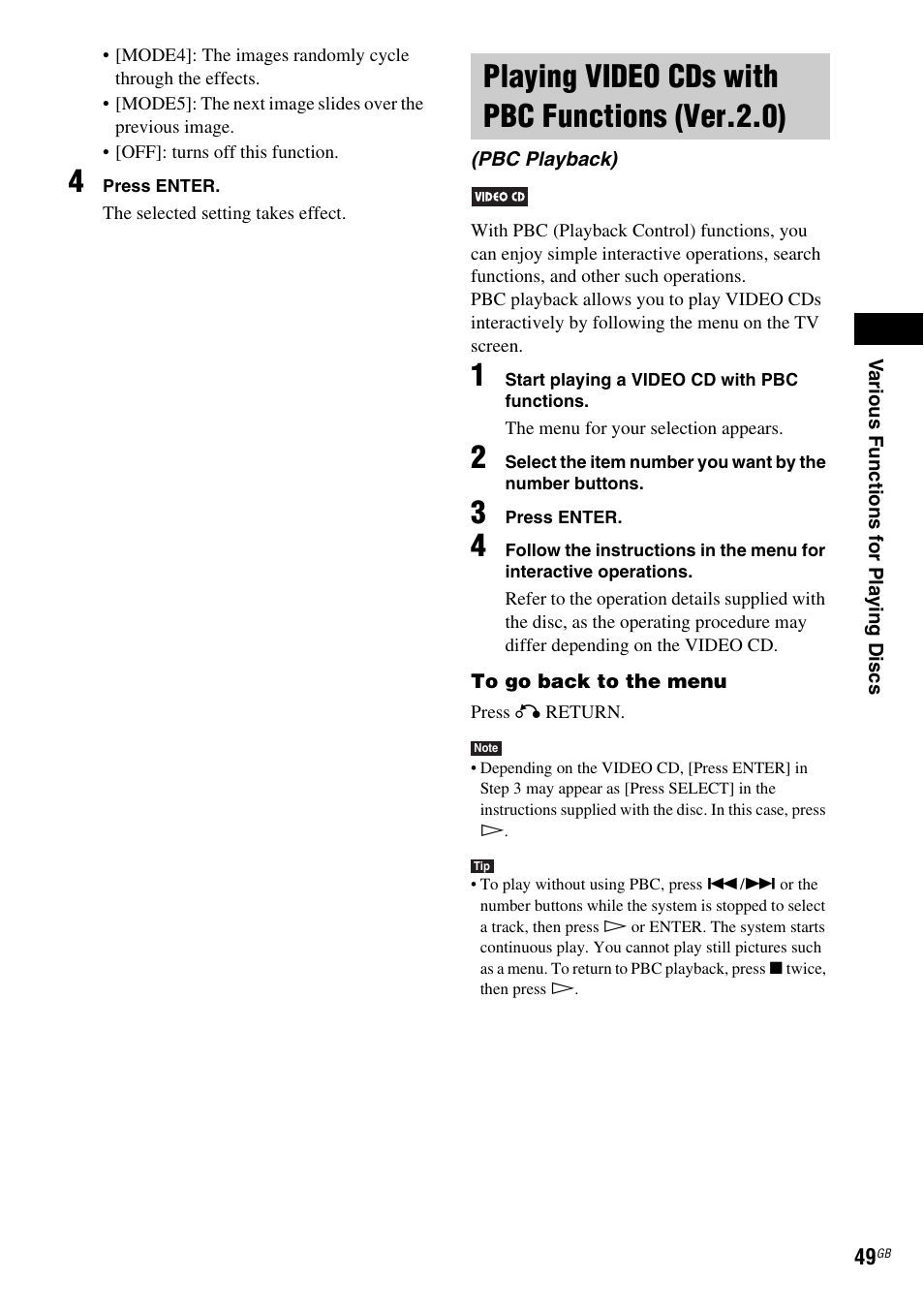 Playing video cds with pbc functions (ver.2.0), Playing video cds with pbc functions, Ver.2.0) (pbc playback) | Sony DAV-DZ210D User Manual | Page 49 / 96