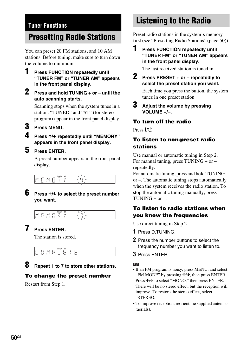 Tuner functions, Presetting radio stations, Listening to the radio | Presetting radio stations listening to the radio | Sony DAV-DZ210D User Manual | Page 50 / 96