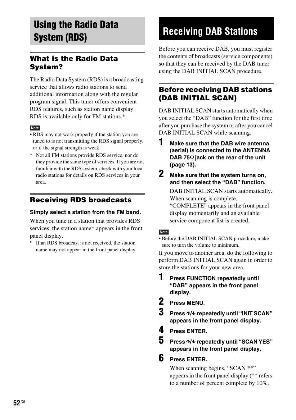 Using the radio data system (rds), What is the radio data system, Receiving rds broadcasts | Receiving dab stations, Before receiving dab stations (dab initial scan) | Sony DAV-DZ210D User Manual | Page 52 / 96