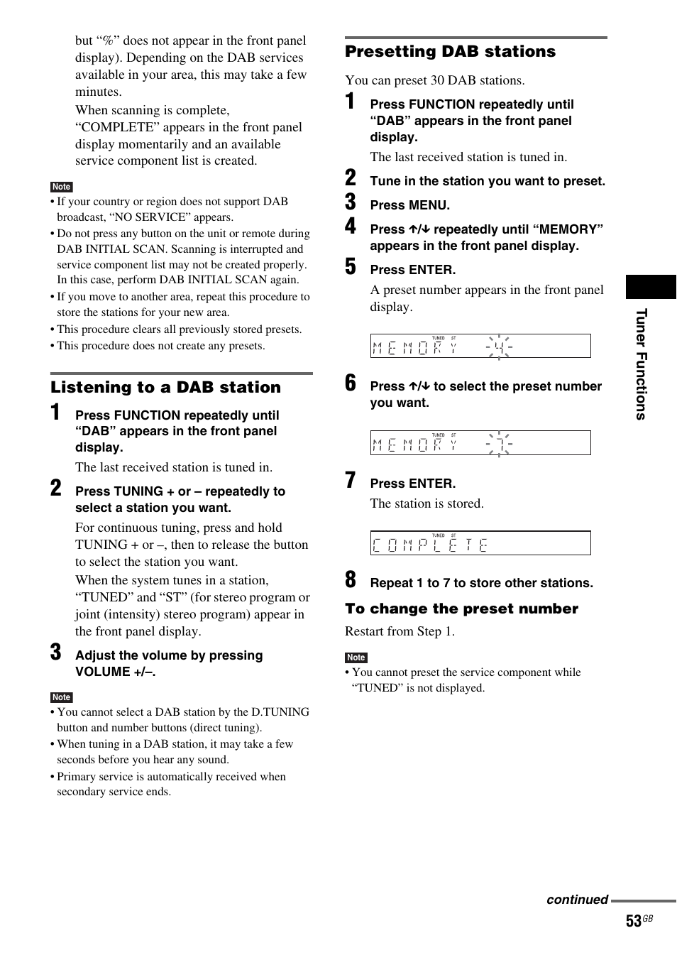 Listening to a dab station, Presetting dab stations | Sony DAV-DZ210D User Manual | Page 53 / 96