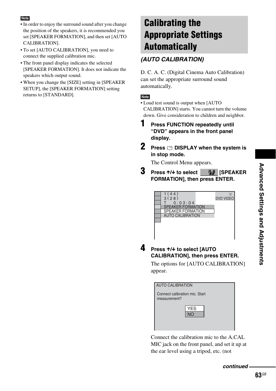 Calibrating the appropriate settings automatically, Calibrating the appropriate settings, Automatically (auto calibration) | Sony DAV-DZ210D User Manual | Page 63 / 96