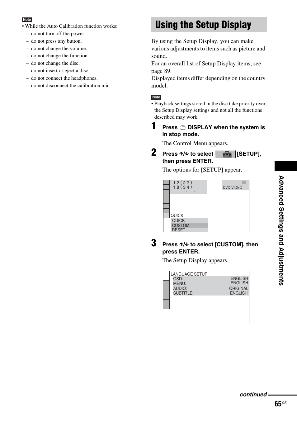 Using the setup display, Using | Sony DAV-DZ210D User Manual | Page 65 / 96