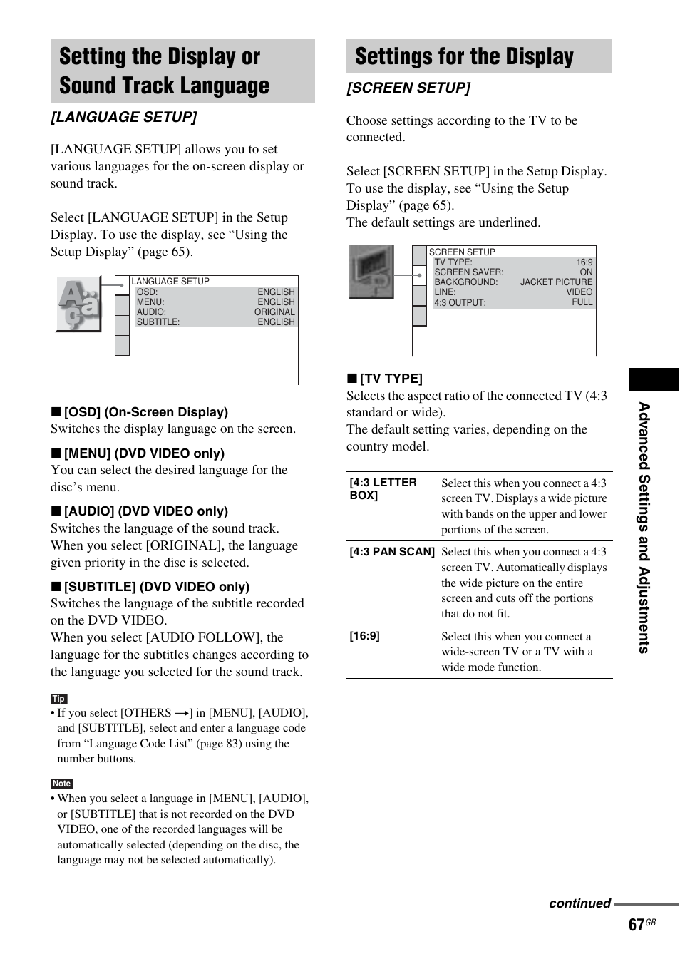 Setting the display or sound track language, Settings for the display, Setting the display or sound track | Language [language setup, Screen setup | Sony DAV-DZ210D User Manual | Page 67 / 96