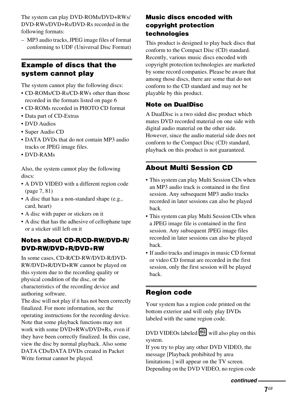 Example of discs that the system cannot play, About multi session cd, Region code | Sony DAV-DZ210D User Manual | Page 7 / 96