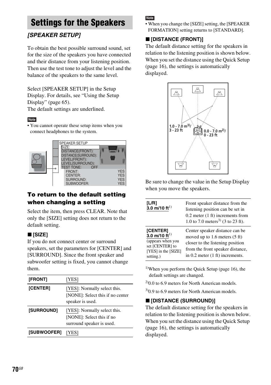 Settings for the speakers, Speaker setup | Sony DAV-DZ210D User Manual | Page 70 / 96