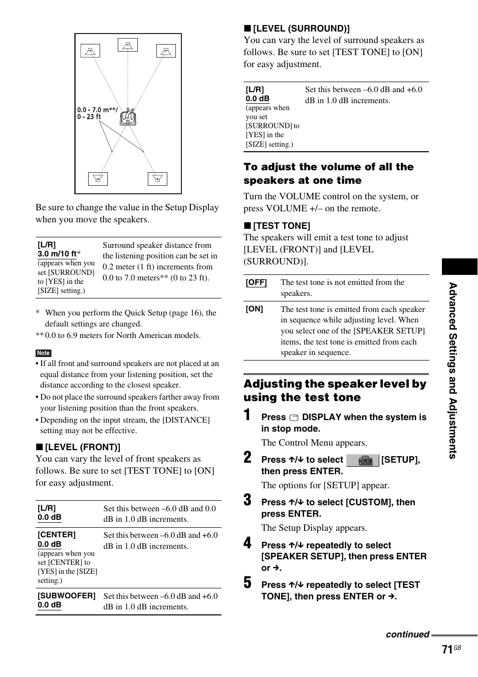 Adjusting the speaker level by using the test tone | Sony DAV-DZ210D User Manual | Page 71 / 96