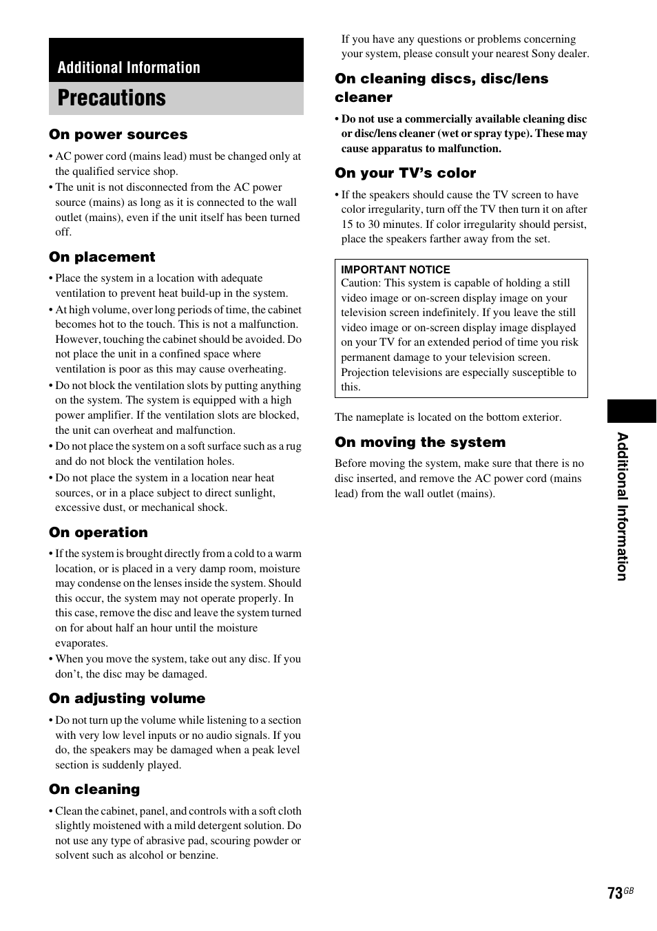 Additional information, Precautions | Sony DAV-DZ210D User Manual | Page 73 / 96