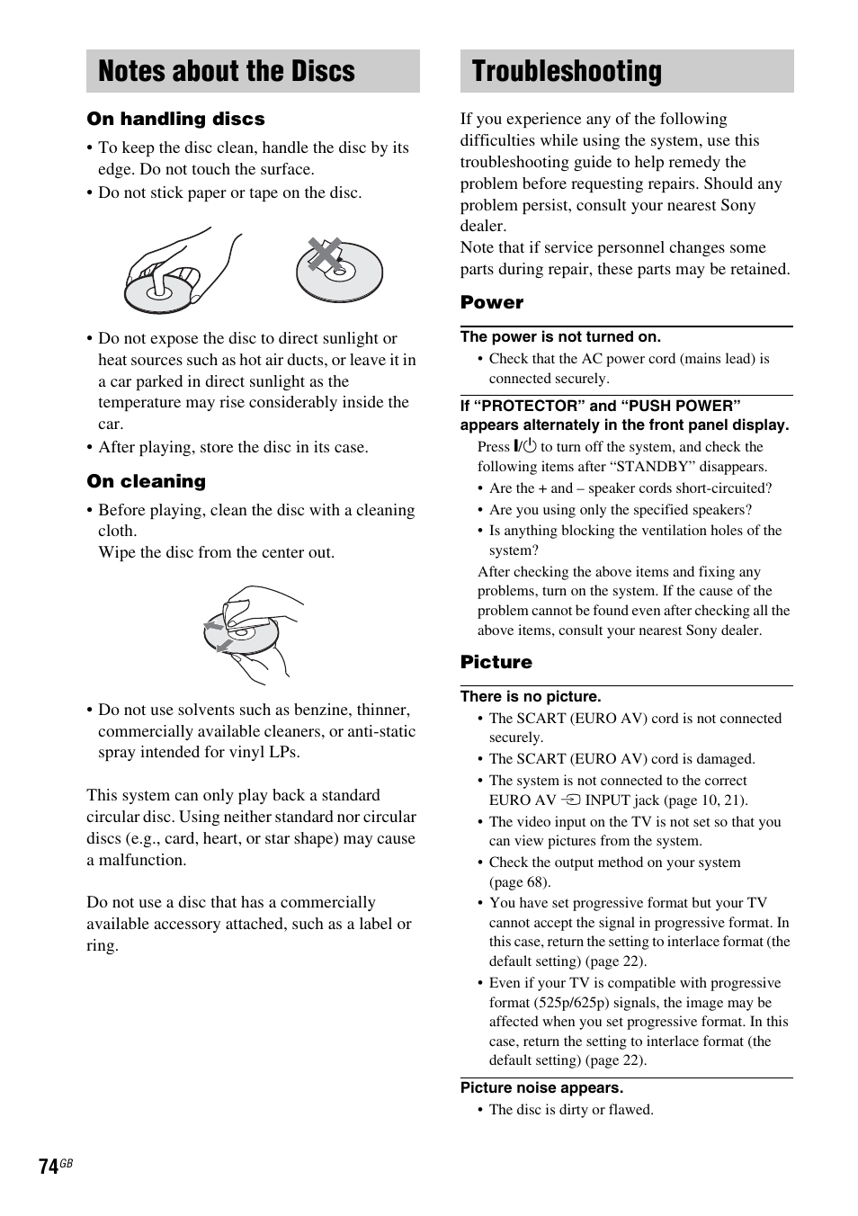 Notes about the discs, Troubleshooting, Notes about the discs troubleshooting | Sony DAV-DZ210D User Manual | Page 74 / 96