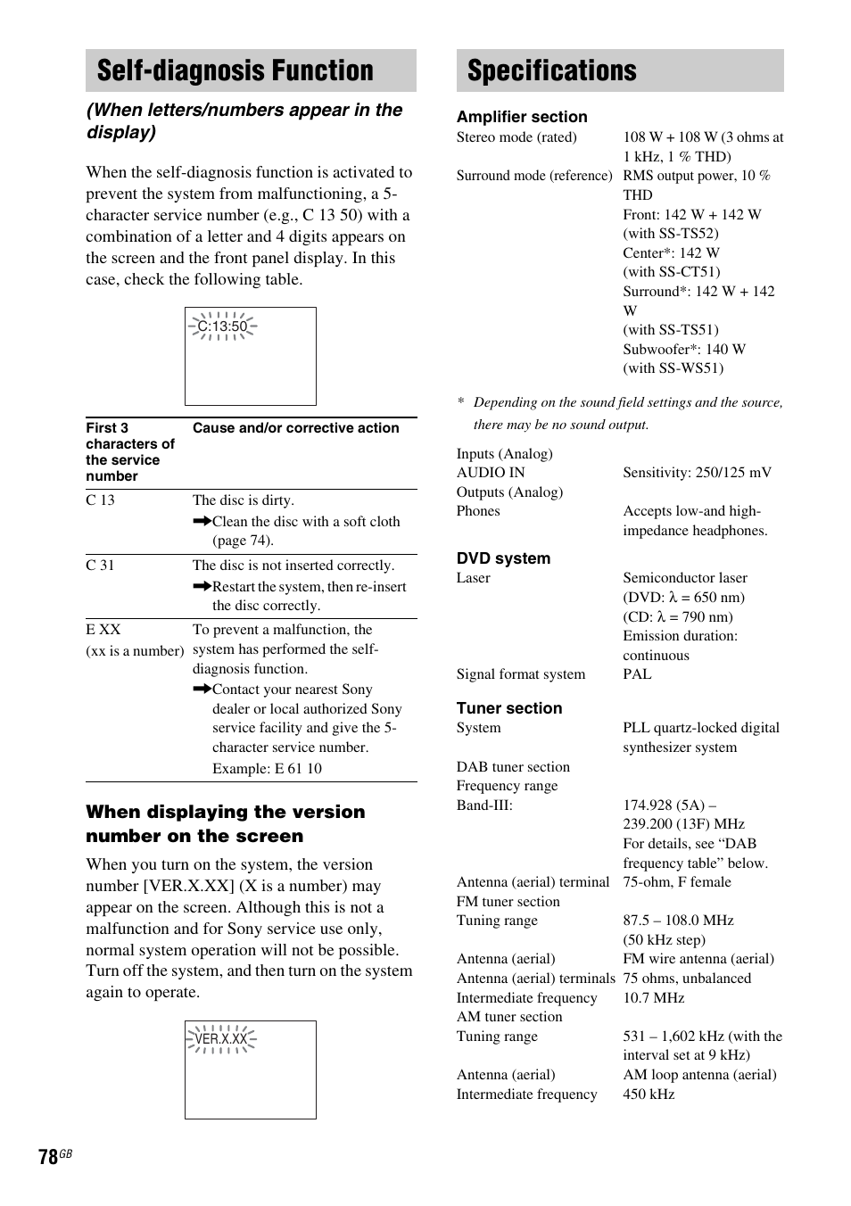 Self-diagnosis function, Specifications, When letters/numbers appear in the display) | Sony DAV-DZ210D User Manual | Page 78 / 96