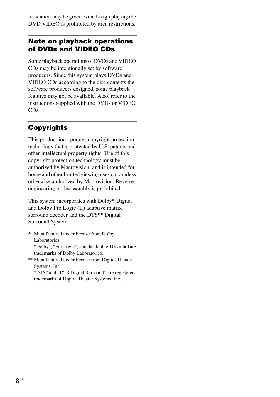 Note on playback operations of dvds and video cds, Copyrights | Sony DAV-DZ210D User Manual | Page 8 / 96