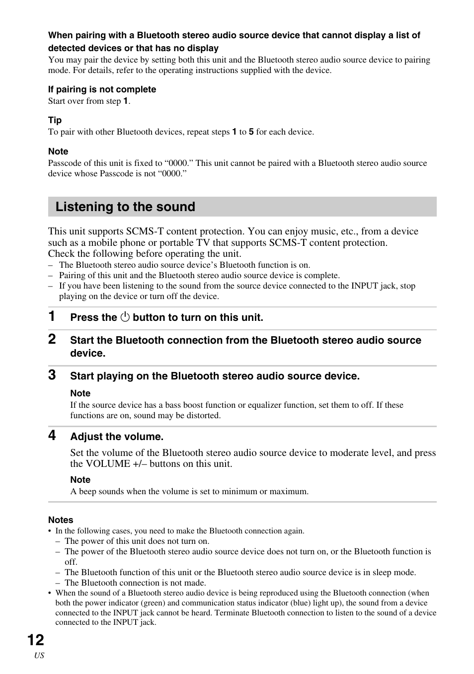 Listening to the sound | Sony SRS-BT100 User Manual | Page 12 / 64